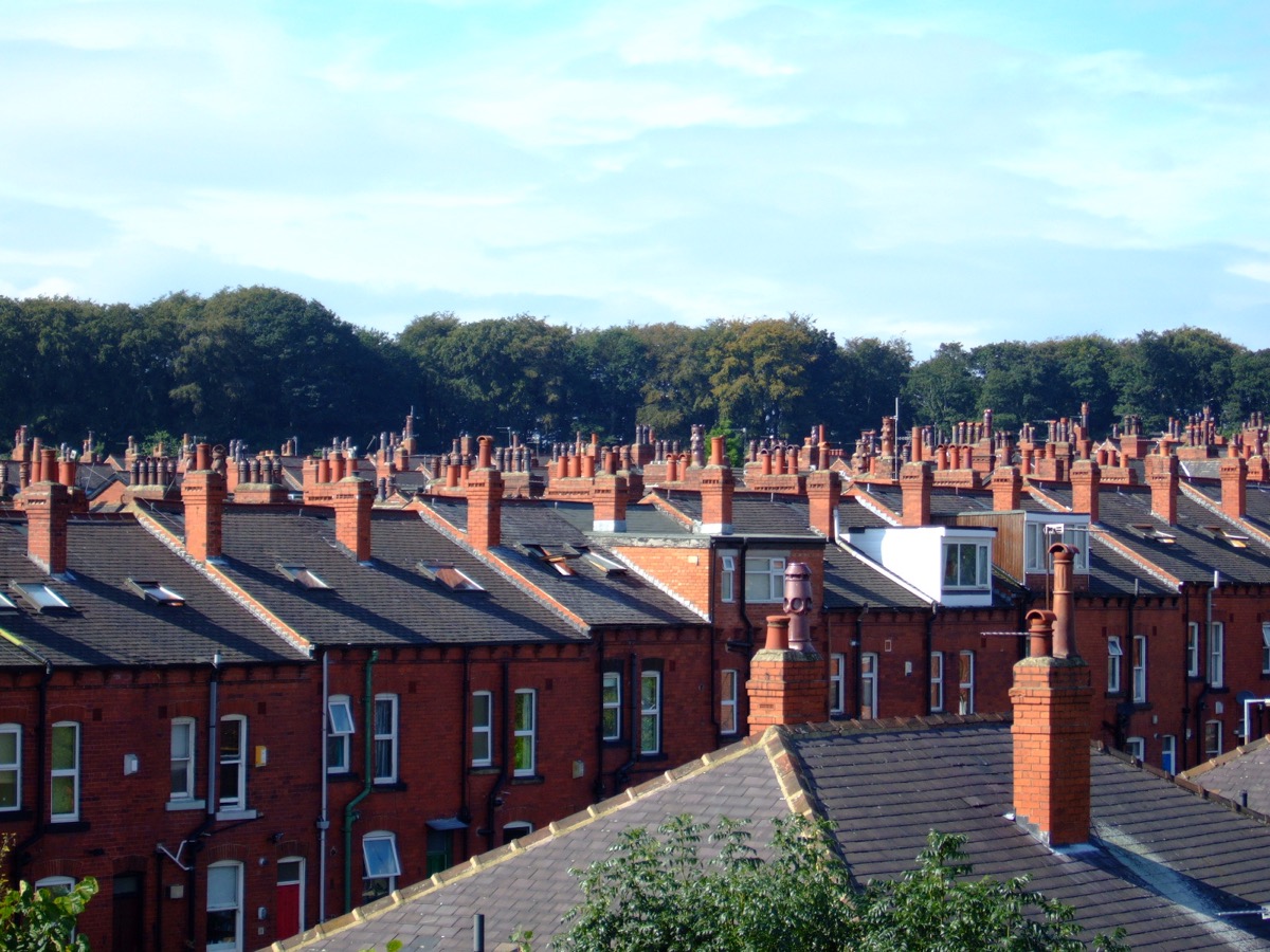 Slate rooftops and brick chimney stacks in Headingley, Leeds